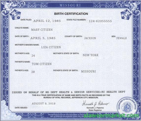 USA Missouri state birth certificate template in PSD format